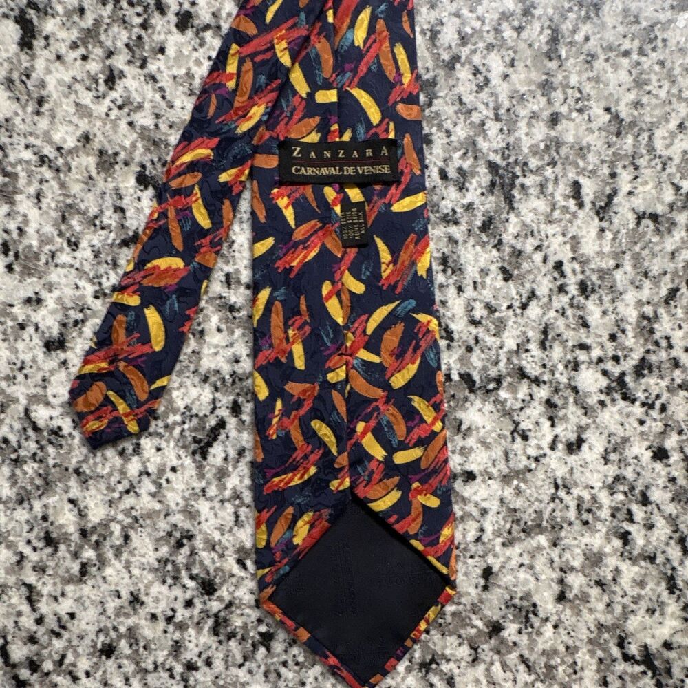 Zanzara Carnaval de Venise 100% Silk Navy Multicolor Abstract Woven Tie